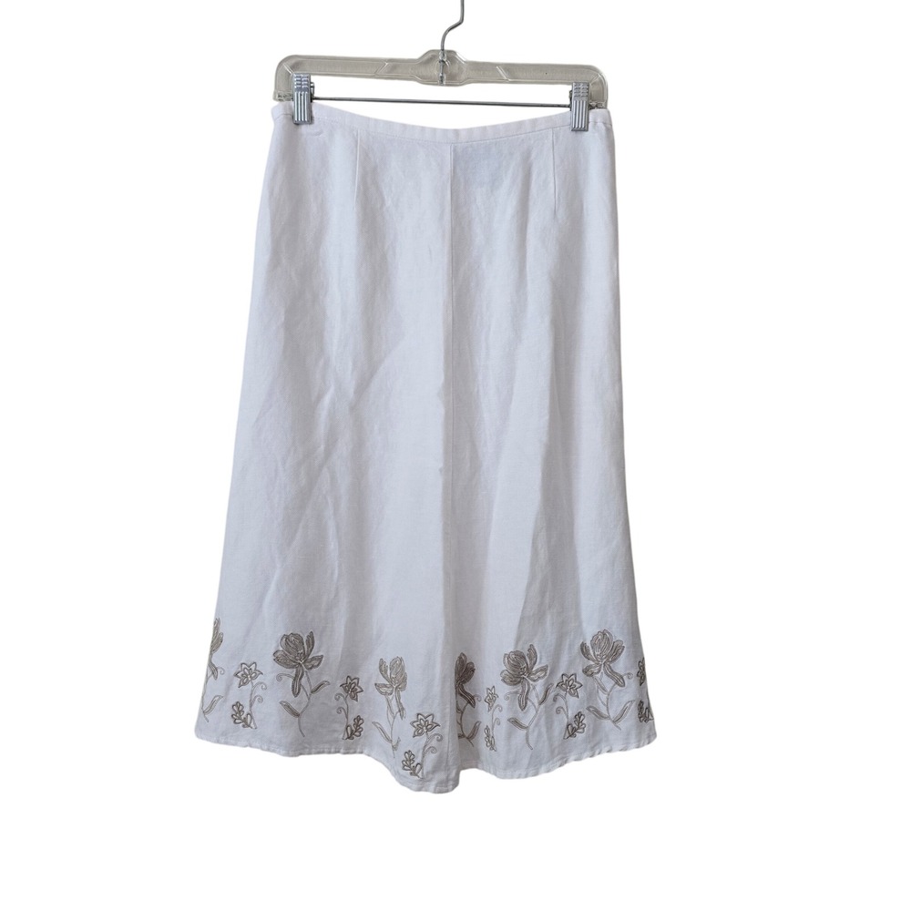 Norton McNaughton Petites White Linen Blend Floral Embroidered Midi Skirt 10P